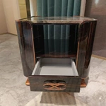 Sculptural Sofa Side Table with Natural Stone Top, Dark Striped Wood Veneer, Open Display Niche and Rose-Gold Stainless Steel Accents